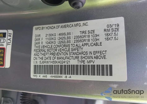 2019 Honda Cr-V Ex из США, поврежденный, VIN 5J6RW1H55KA024121